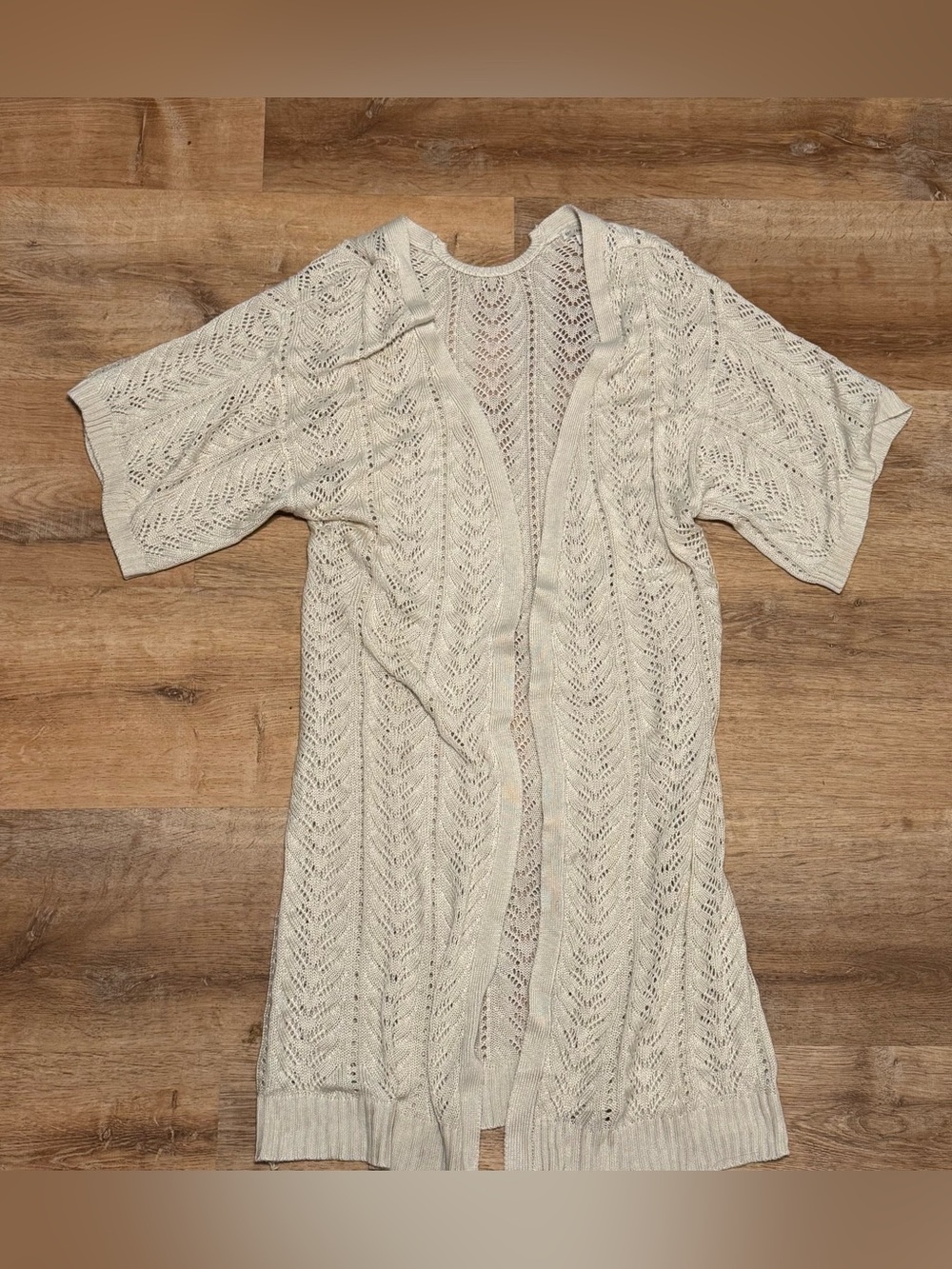 Cream Pointelle Knit Long Cardigan Duster Cottagecore Boho L